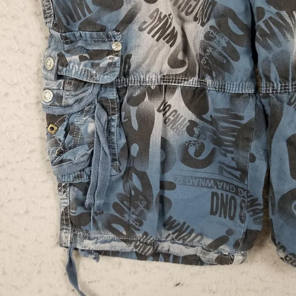 Cargo Shorts Mens 32 Blue All Over Print Multi Pocket‎ Drawstring Y2K Streetwear